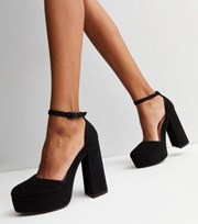 New Look Black Suedette 2 Part Block Heel Platform Sandals